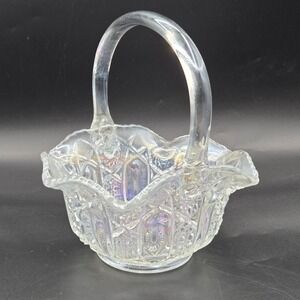 Vintage LE Smith Glass Basket Crystal Irridescent Glass Quintec Pattern 8" TALL